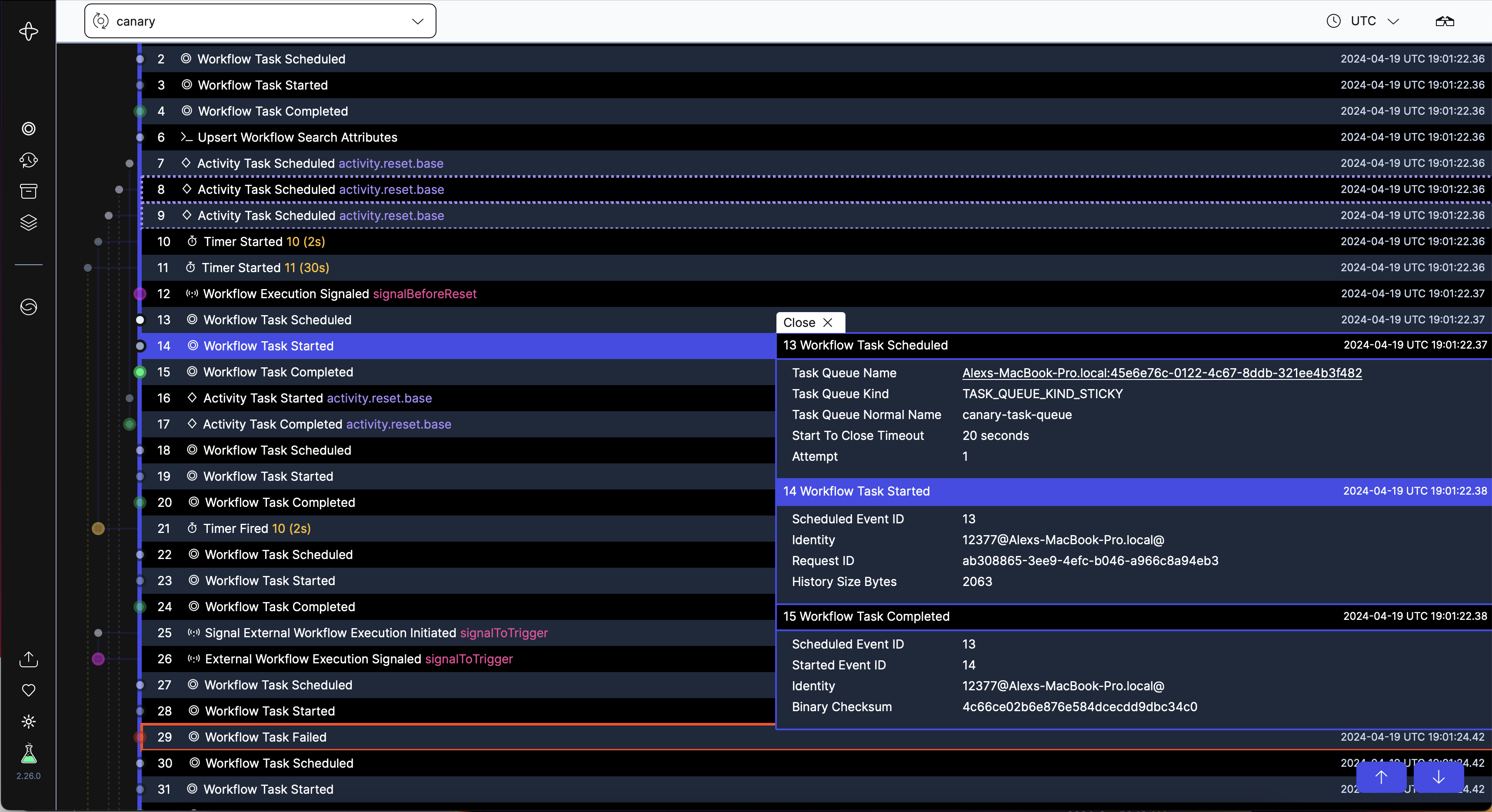 A Workflow Task Failed event and its details captured in Temporal's Web UI Event History