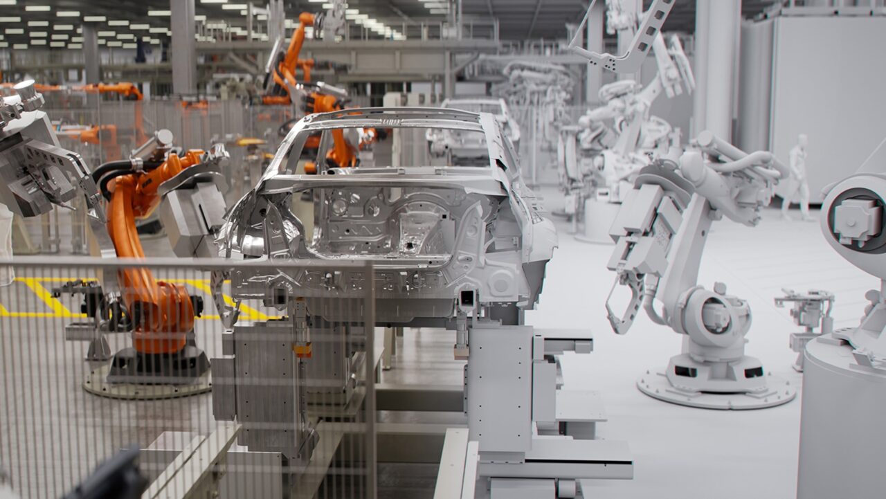 BMW real factory (left, orange KUKA robots) overlaid with NVIDIA Omniverse digital twin (right, white wireframe)