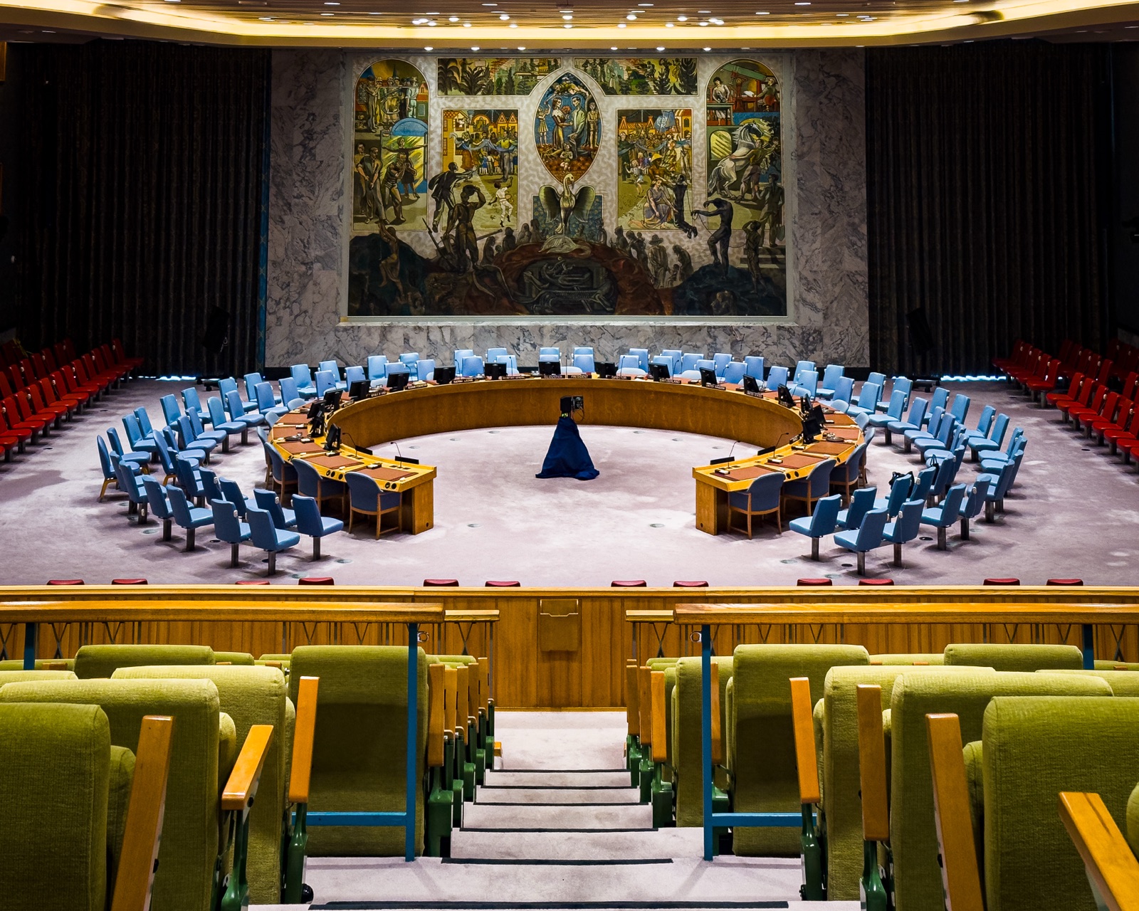 The Security Council chamber's circular seating, seen head-on