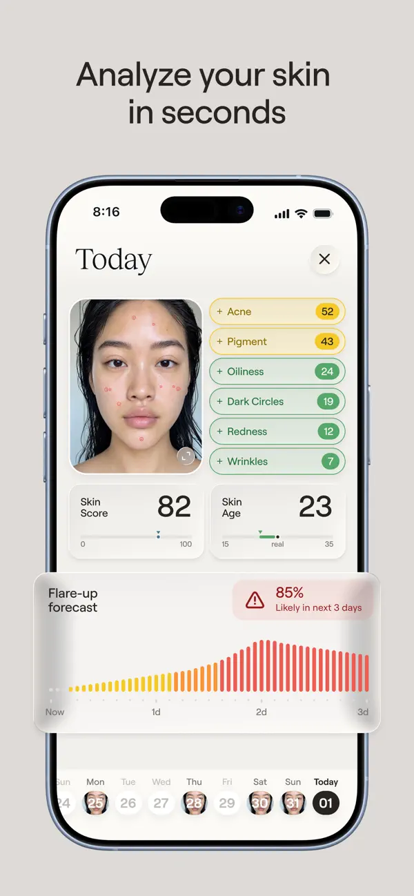 Nolla Health's app scoring acne, pigmentation and other skin metrics after a face photo