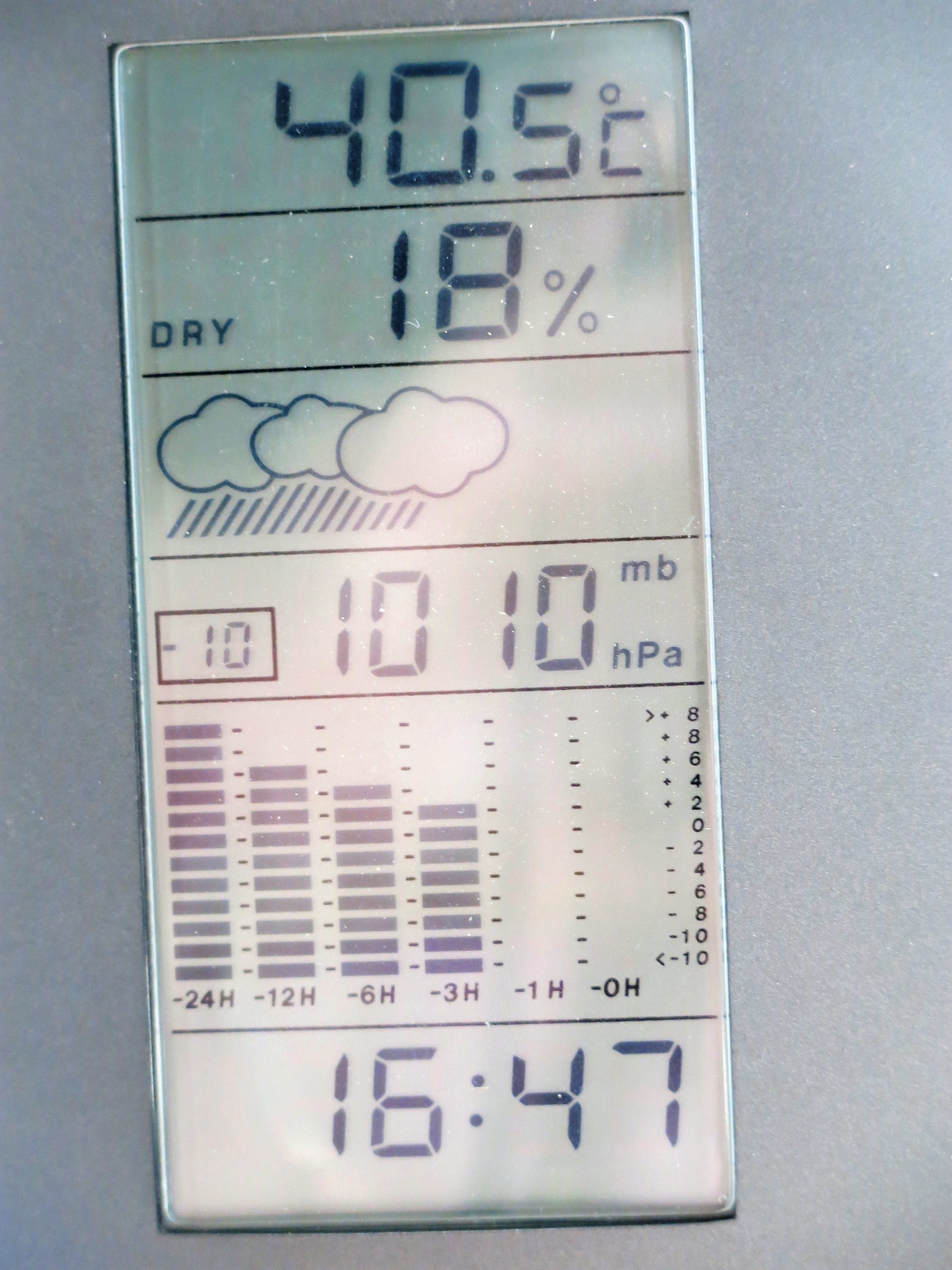 A digital thermometer in Paris on July 19, 2022 at 17:47, reading 40.5 degrees Celsius