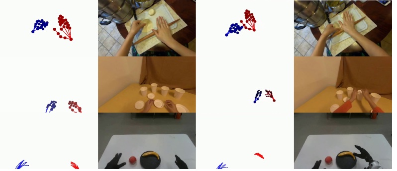 깊이 인식 손 골격 표현 — 카메라 거리에 따라 색과 반지름이 조정된 골격이 원본 영상 위에 겹쳐진 모습