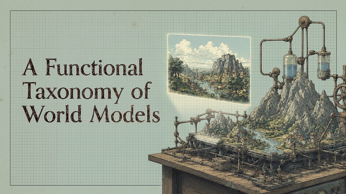 Cover illustration for World Labs' taxonomy post, showing a 2D picture from a renderer beside a 3D world a simulator computes on