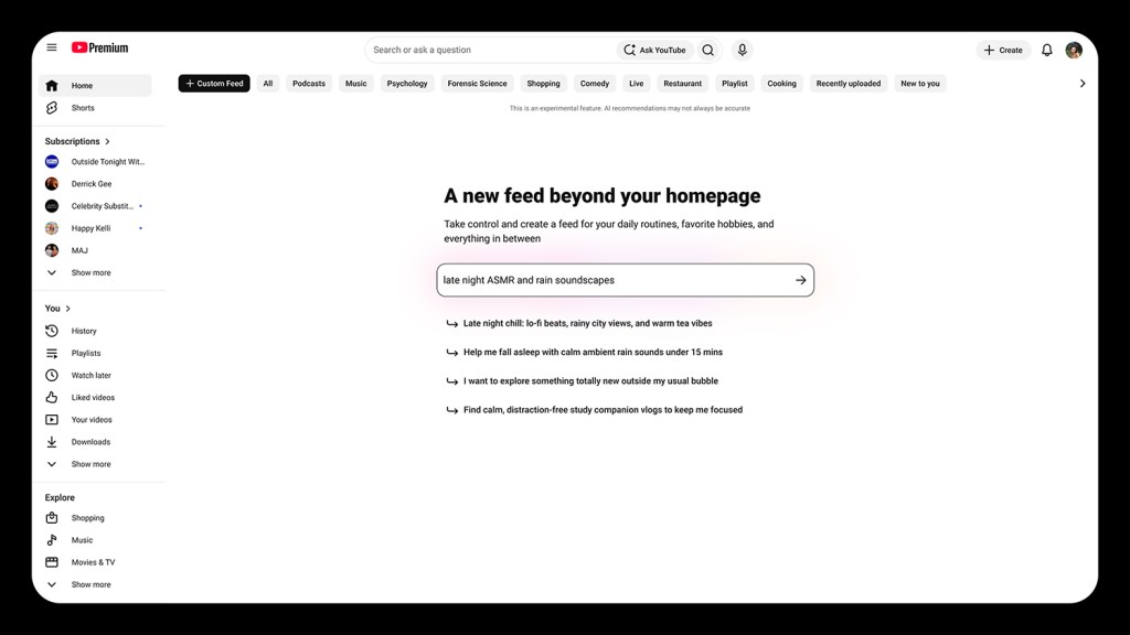 유튜브 커스텀 피드 입력 화면. '늦은 밤 ASMR과 빗소리' 같은 문장을 적으면 제미나이가 조건에 맞는 탭을 만든다