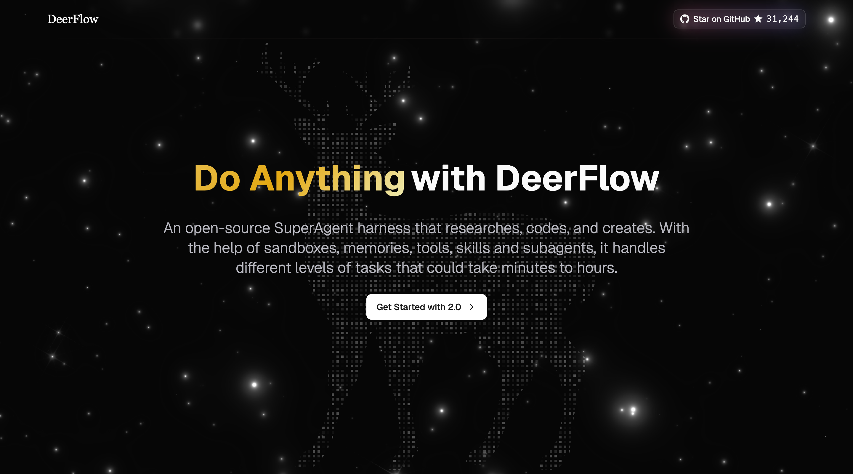 DeerFlow 2.0 official website — Do Anything with DeerFlow. Open-source SuperAgent handling tasks from minutes to hours using sandbox, memory, skills, and sub-agents