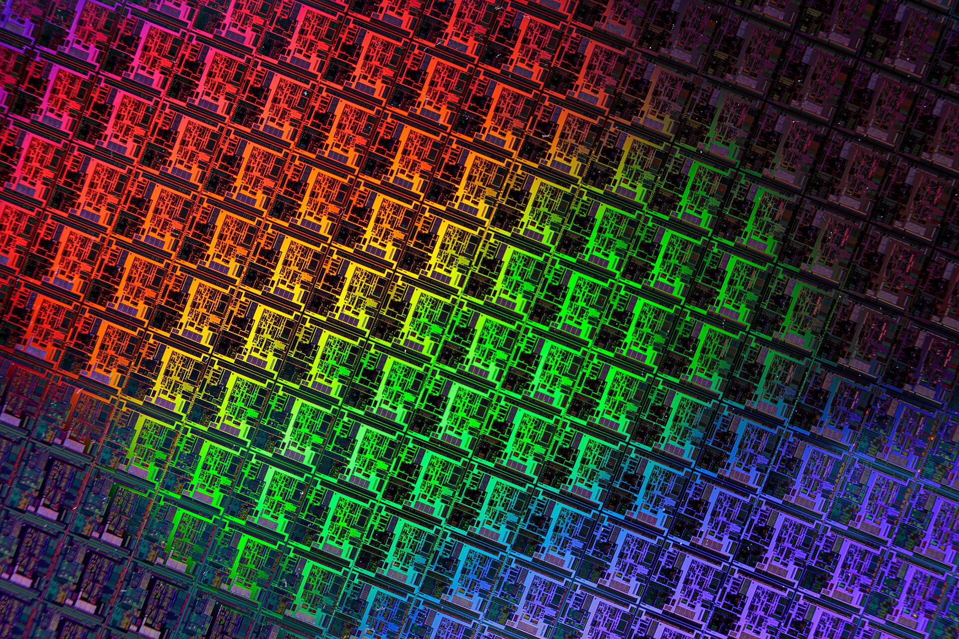The die grid of a finished silicon wafer — the target of AI vision inspection that catches microscopic defects