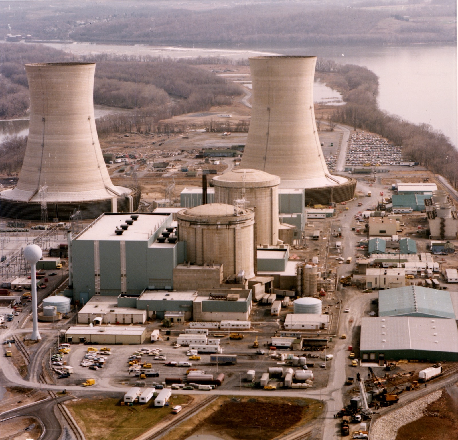 Aerial photo of Three Mile Island Nuclear Generating Station — the reactor restarted as the Crane Clean Energy Center under the Microsoft-Constellation 20-year power purchase agreement