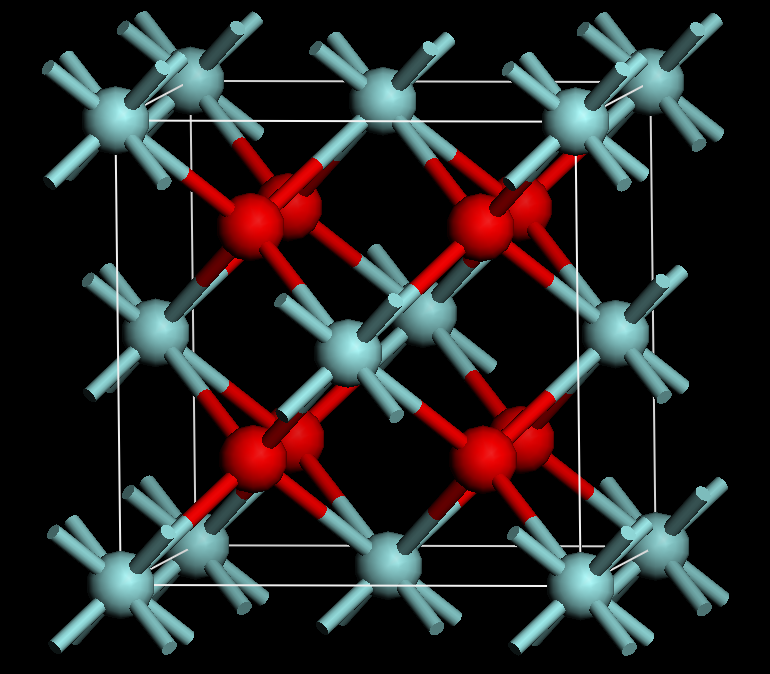 Fluorite-type crystal structure of ceria and cubic zirconia — a representative ordered crystalline lattice of the kind GNoME predicts, with perfect 3-D atomic periodicity