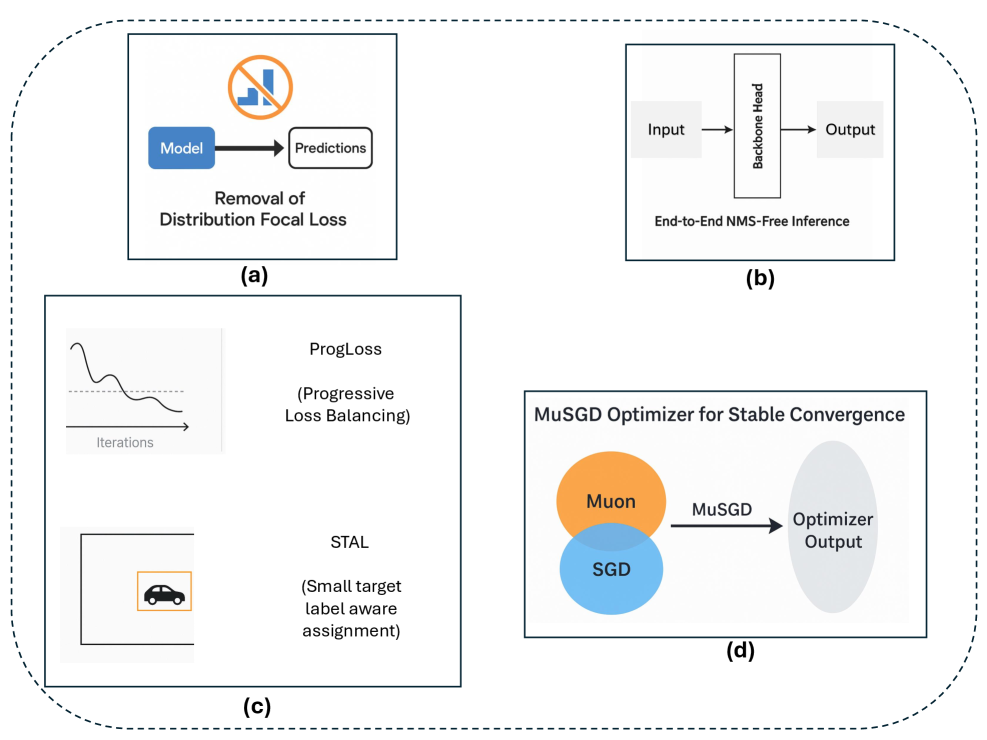 YOLO26 four key innovations: (a) Distribution Focal Loss removal, (b) end-to-end NMS-free inference, (c) ProgLoss progressive loss balancing + STAL small-target label assignment, (d) MuSGD stable convergence optimizer