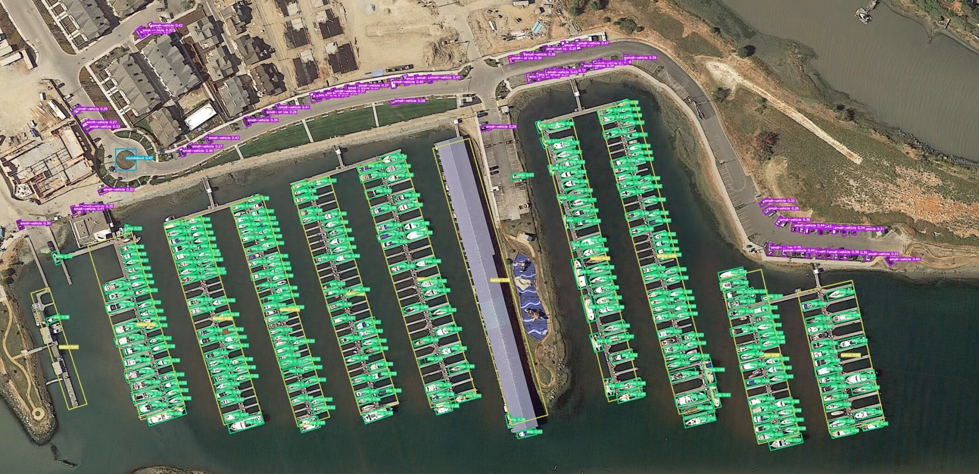 Oriented bounding box (OBB) detection on satellite port imagery from the DOTA dataset: ships (green) and vehicles (purple) detected with precise orientation information