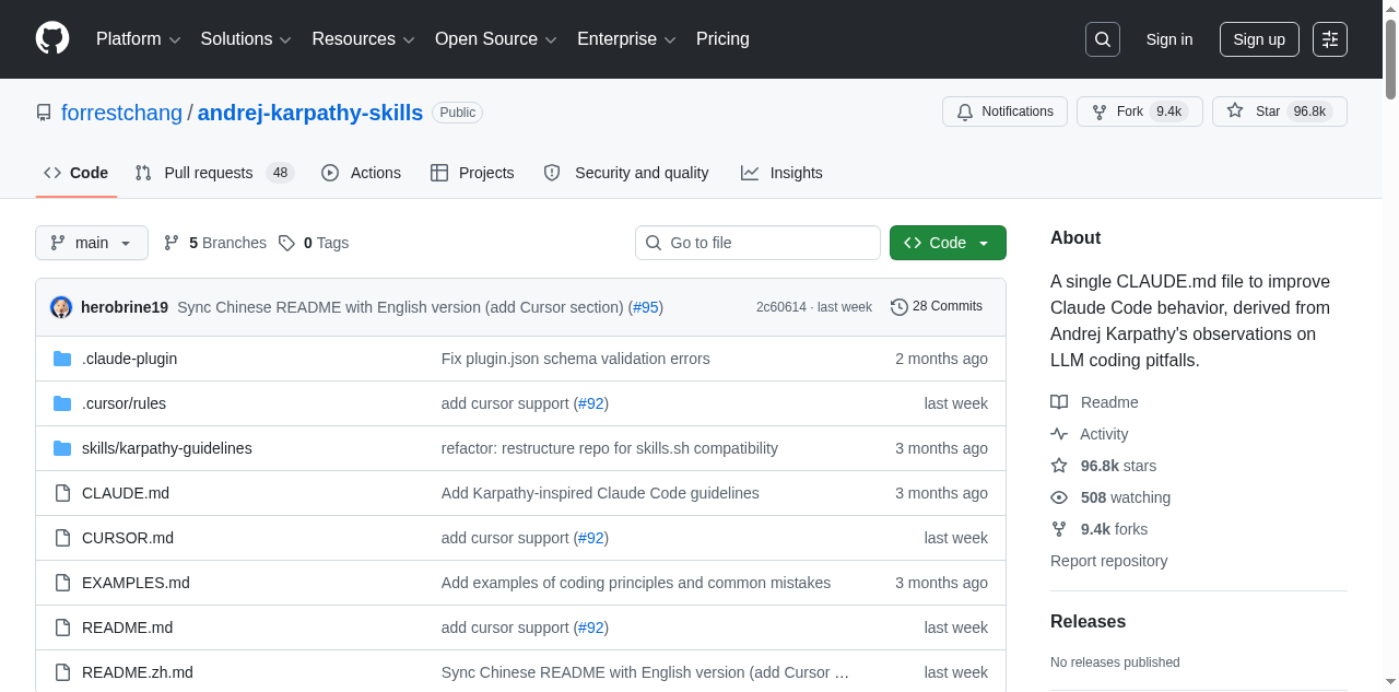 andrej-karpathy-skills GitHub repository — 96.8k stars, 9.4k forks. An agent behavior-correction repository built around a single CLAUDE.md file