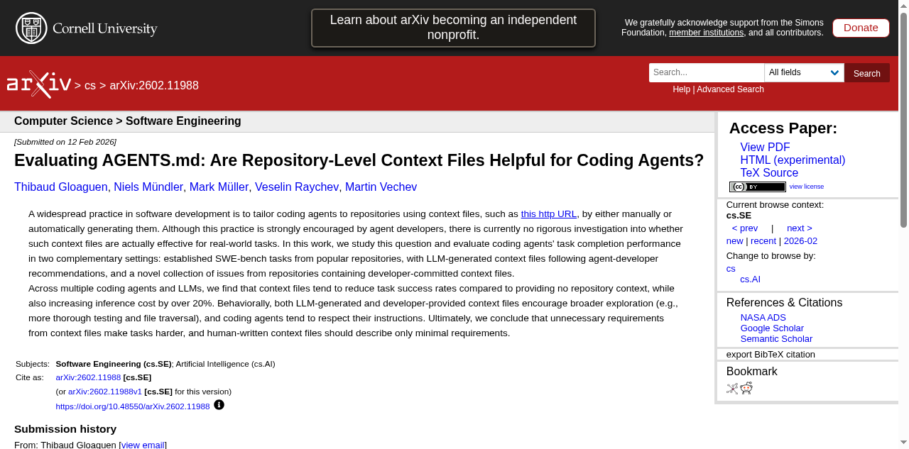 ETH Zurich arXiv 2602.11988 — Evaluating AGENTS.md: research verifying whether context files genuinely help coding agents
