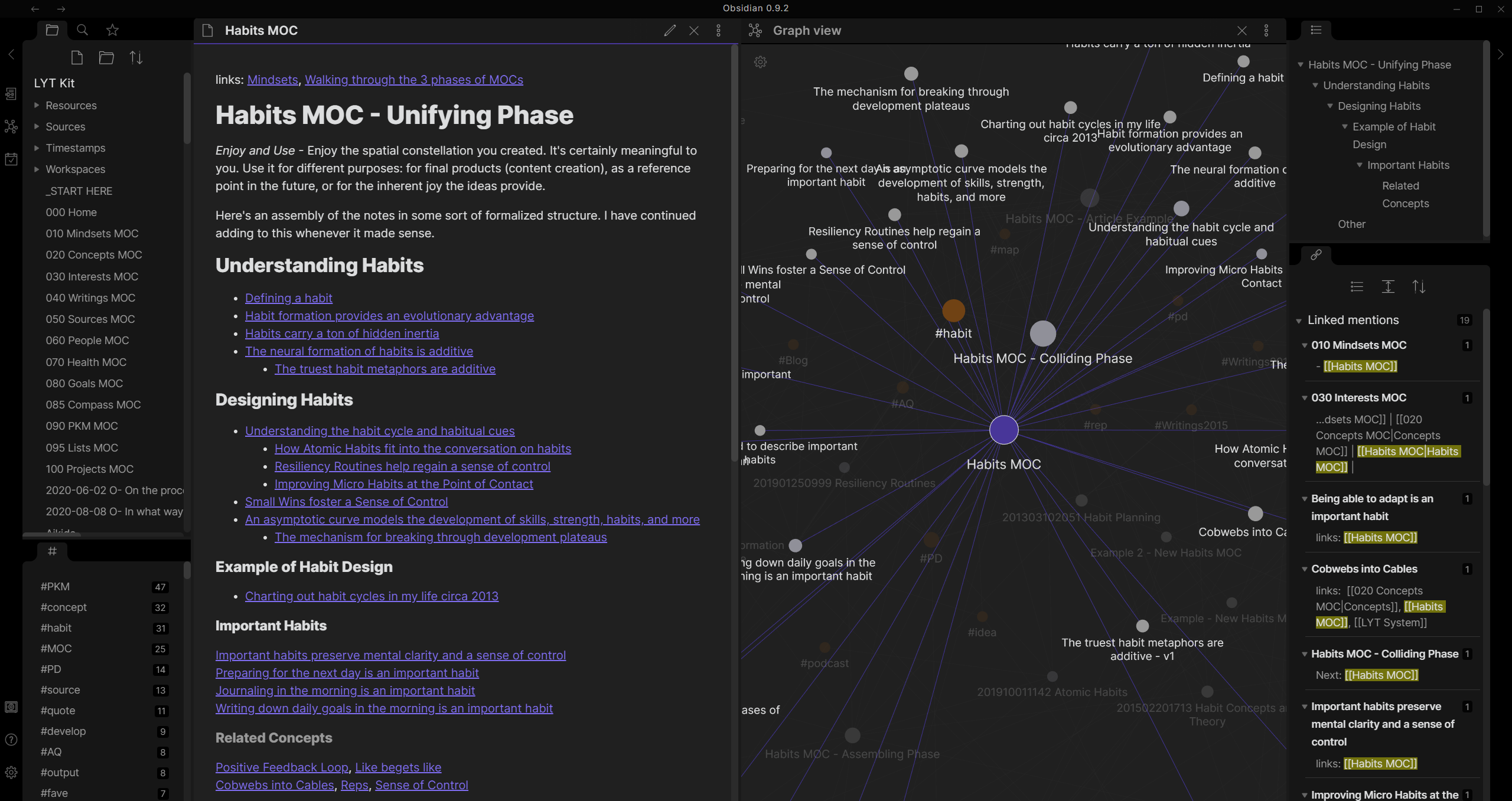 Obsidian PKM interface showing a structured Markdown wiki on the left and an interactive knowledge graph visualization on the right