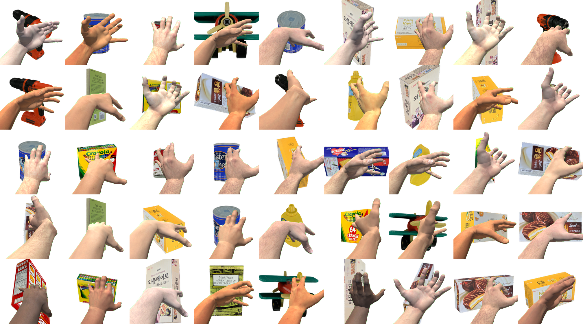 ModMan SLS — Grid of synthetic hand-and-object images generated via physics-based rendering