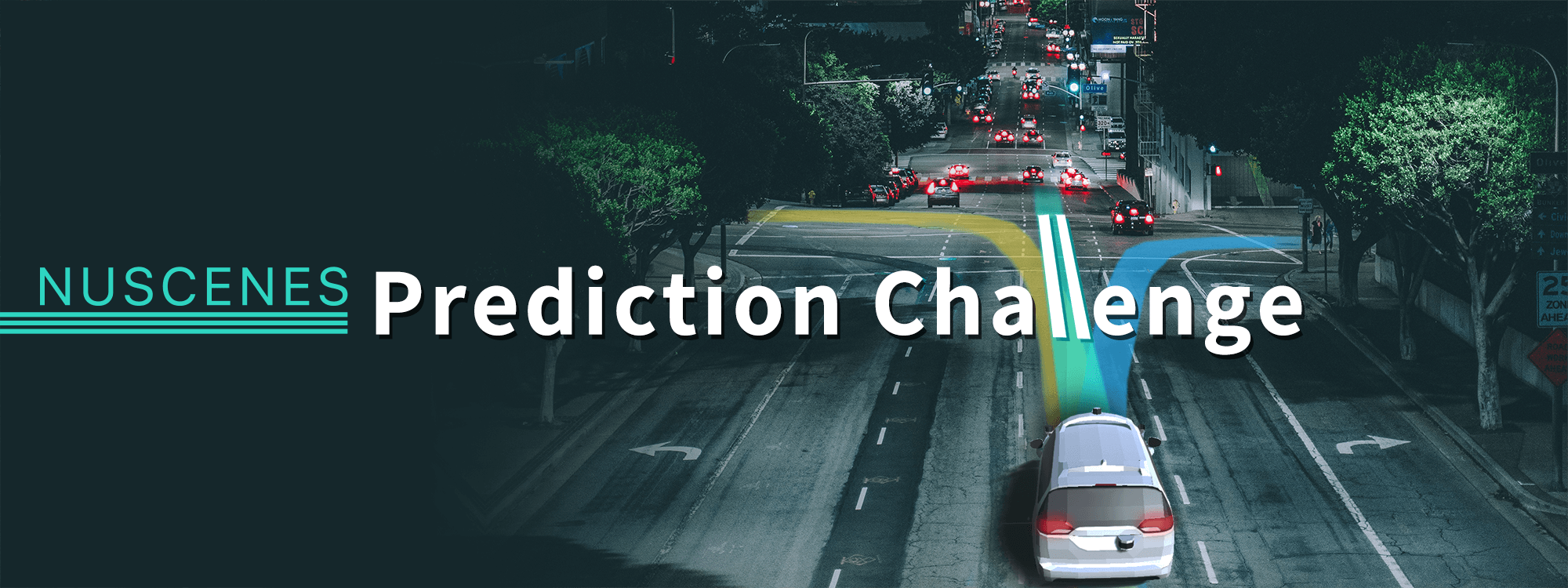 nuScenes Prediction Challenge: multi-modal trajectory prediction visualization on a real urban intersection — colored trajectory fans show probability distributions for vehicle future motion