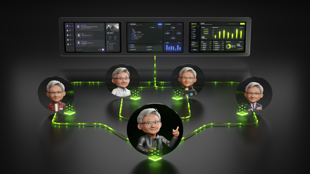 NVIDIA Nemotron 3 Ultra 발표 장면 — Jensen Huang이 에이전틱 AI 네트워크 비전을 제시하며 여러 AI 에이전트가 연결된 구조를 시각화