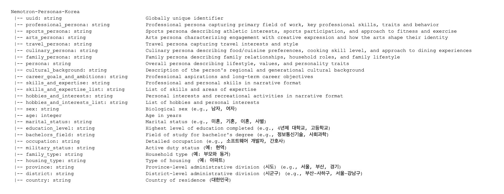Nemotron-Personas-Korea 26-field schema structure