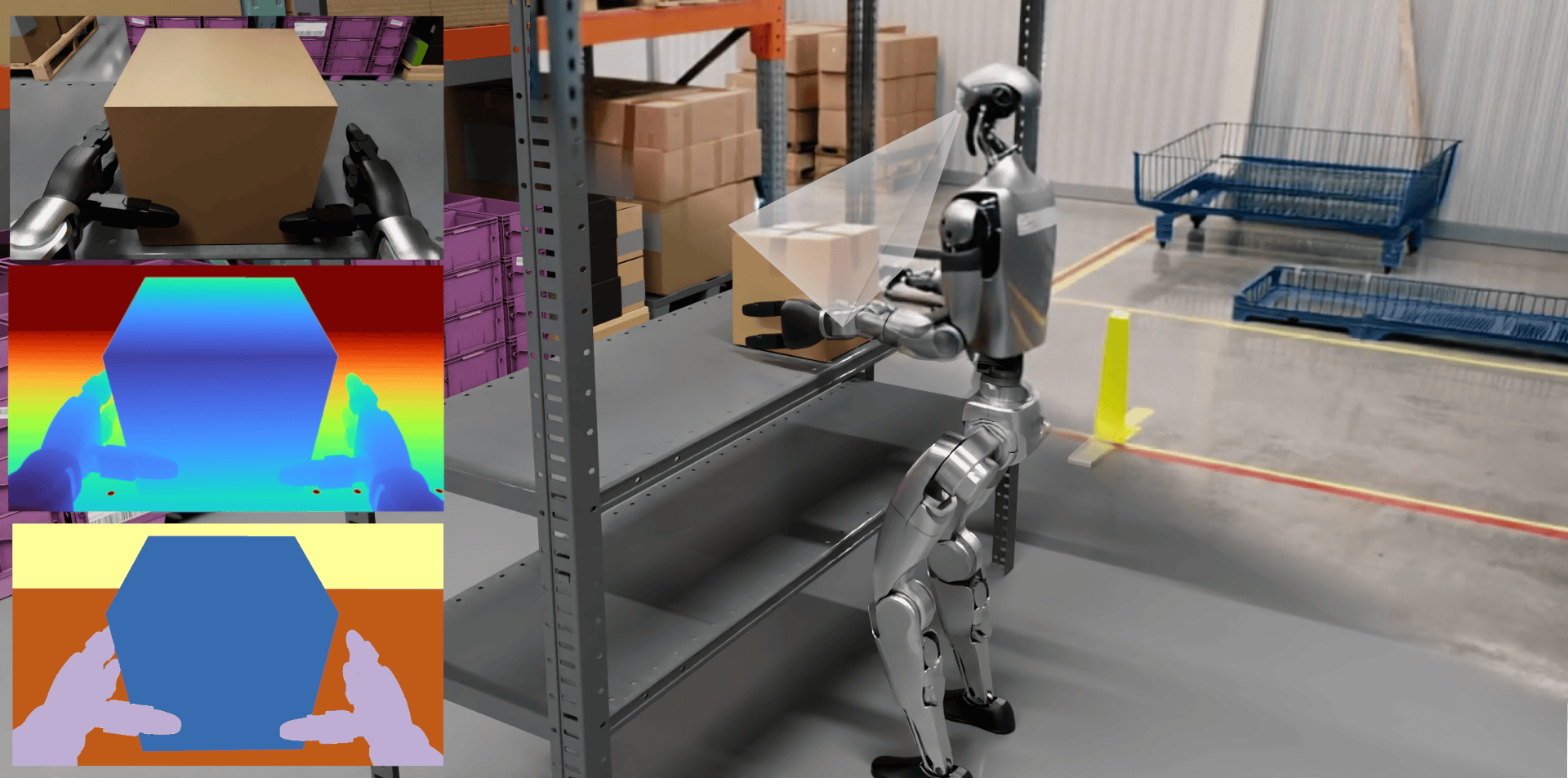Isaac Lab simulation — a humanoid robot picking a box in a virtual warehouse, with exteroceptive observation inputs such as RGB, depth, and segmentation