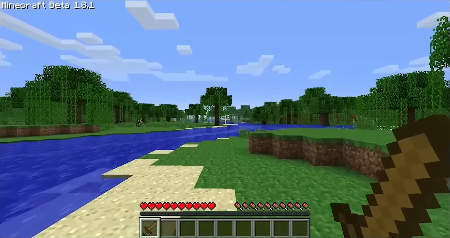 Minecraft Beta 1.8.1 — open world of rivers, beaches, and forests where the Voyager agent first opens its eyes