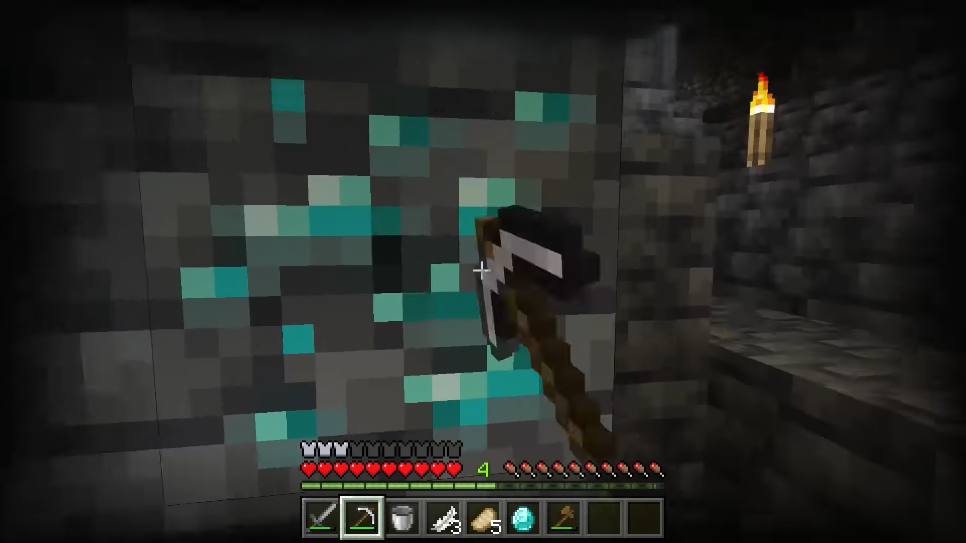 Mining diamonds in Minecraft — Voyager's symbolic milestone, swinging a pickaxe at the deepest ore veins