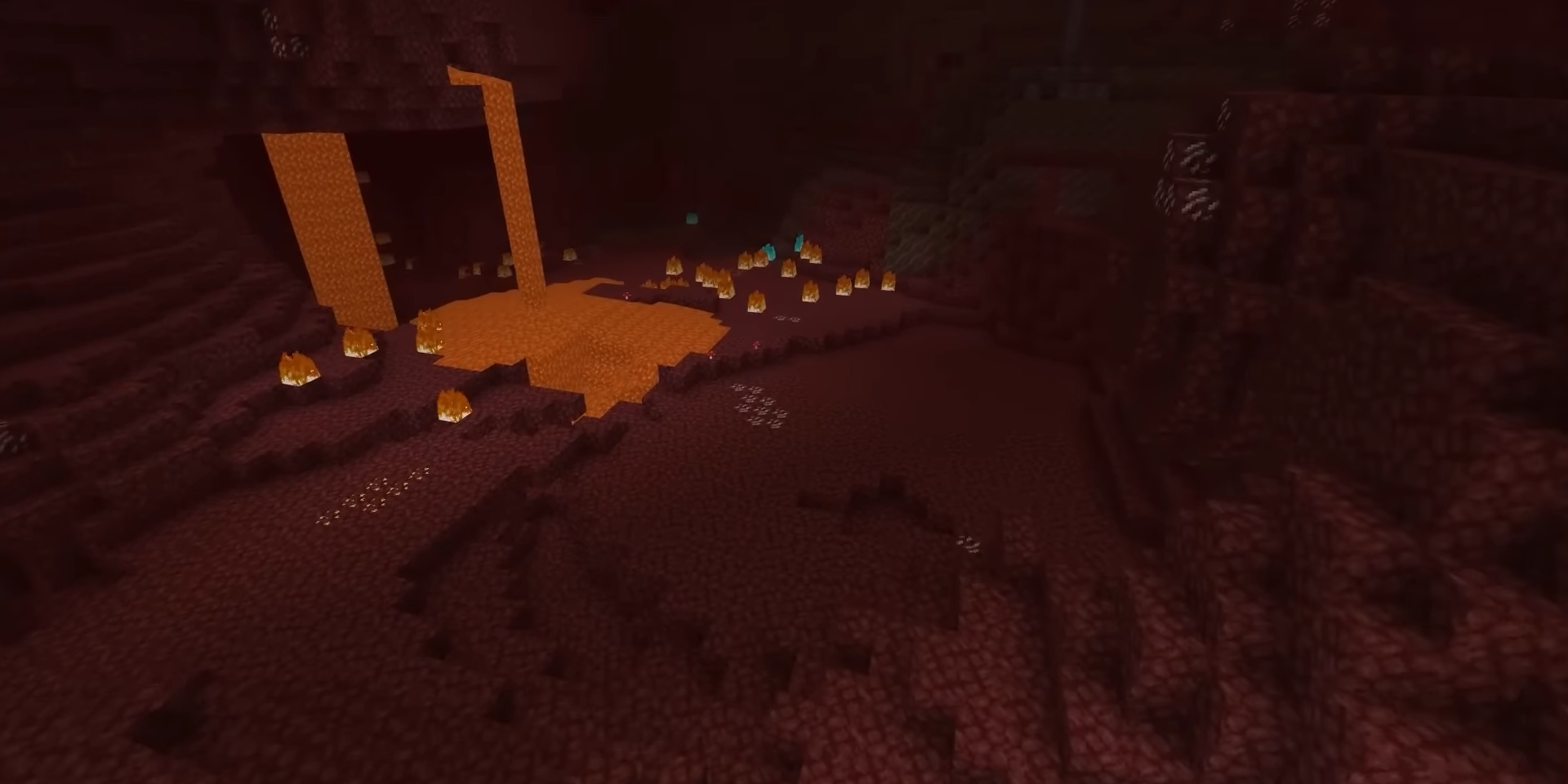 The Minecraft Nether — an extreme virtual environment of red lava and dark stone, a metaphor for the sim-to-real gap