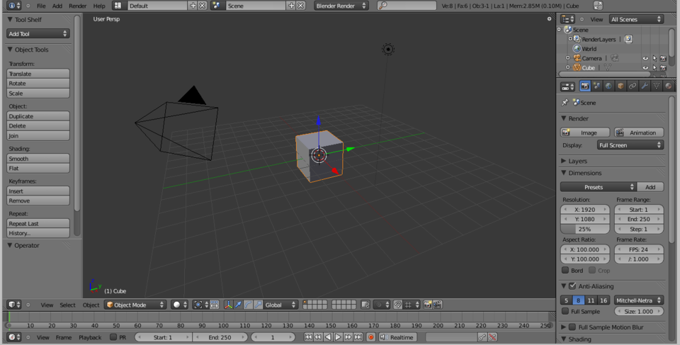 Blender 2.5 사용자 인터페이스 — 3D 뷰포트, 모델링 도구, 렌더 설정이 통합된 화면