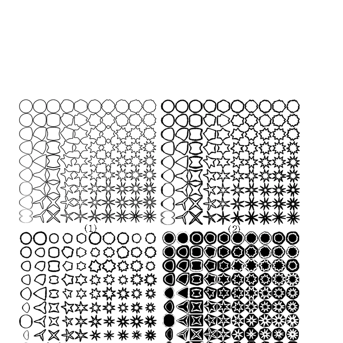 Star-MNIST four-stage transformations — base shape, stroke thickness, rotation/scale, ConvexNegate