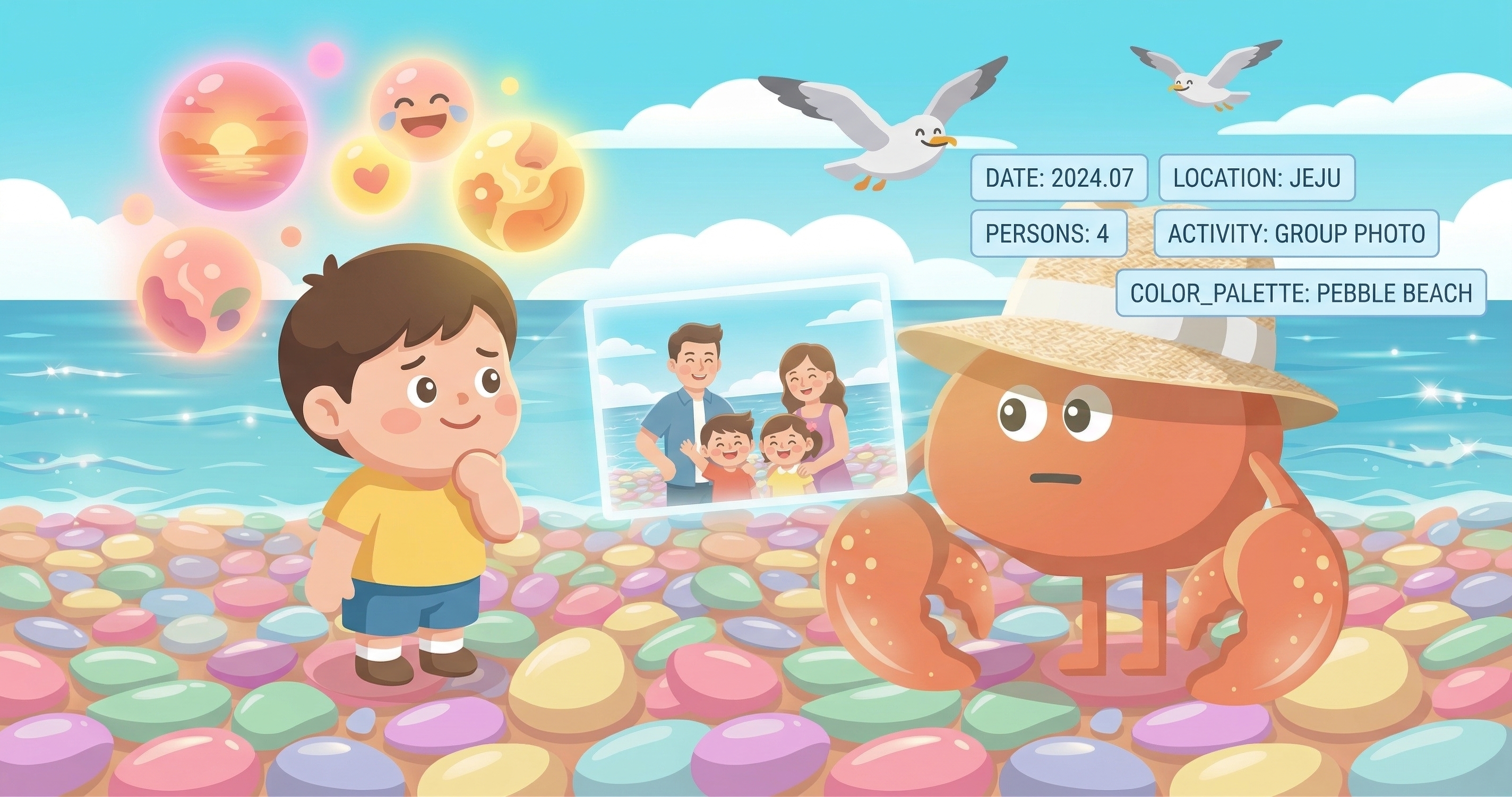 A human and pb looking at the same photo — the human feels emotion bloom, pb parses only metadata