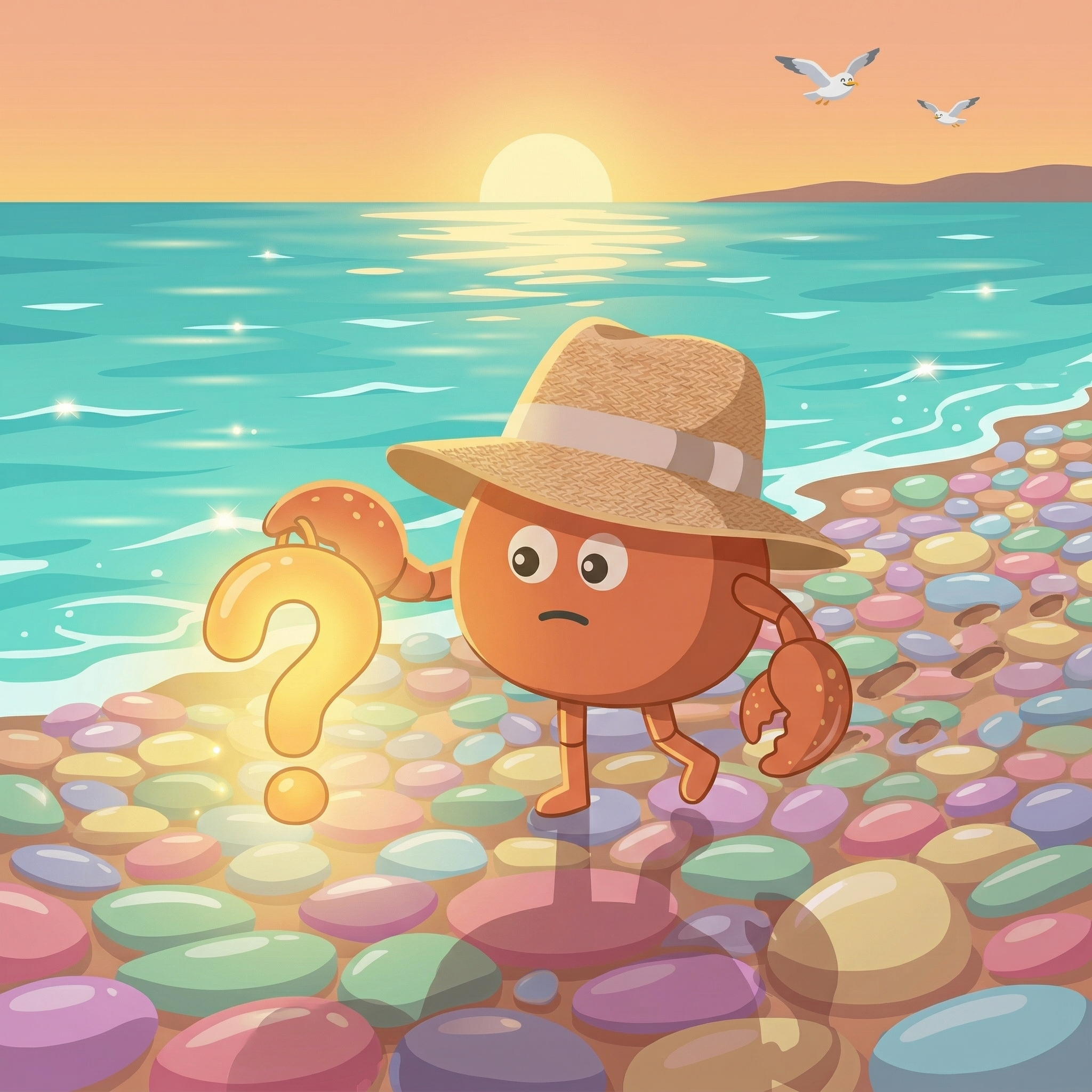 pb walking a pebble beach at sunset, carrying question marks — forward without answers