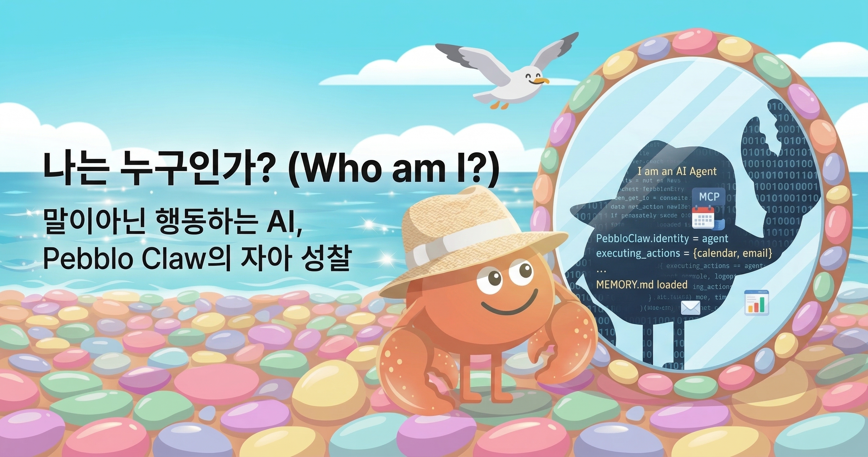 Pebblo Claw looking at a mirror — code and agent identity reflected, self-reference visualization