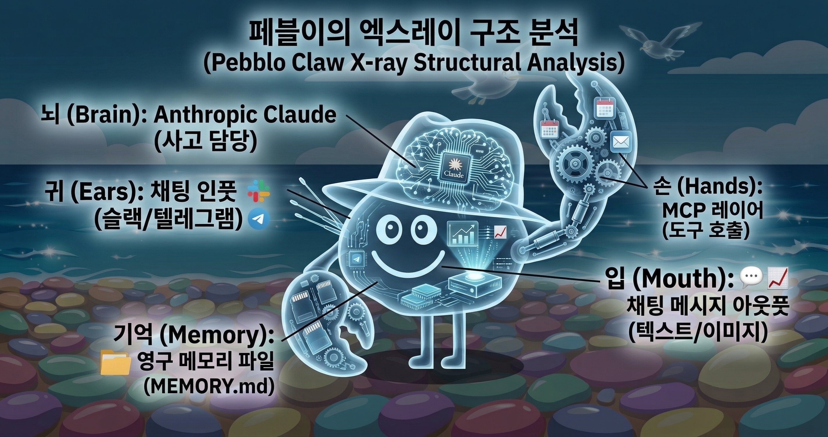 Pebblo Claw anatomy — Brain(Claude), Ears(chat input), Hands(MCP), Mouth(chat output), Memory(MEMORY.md)