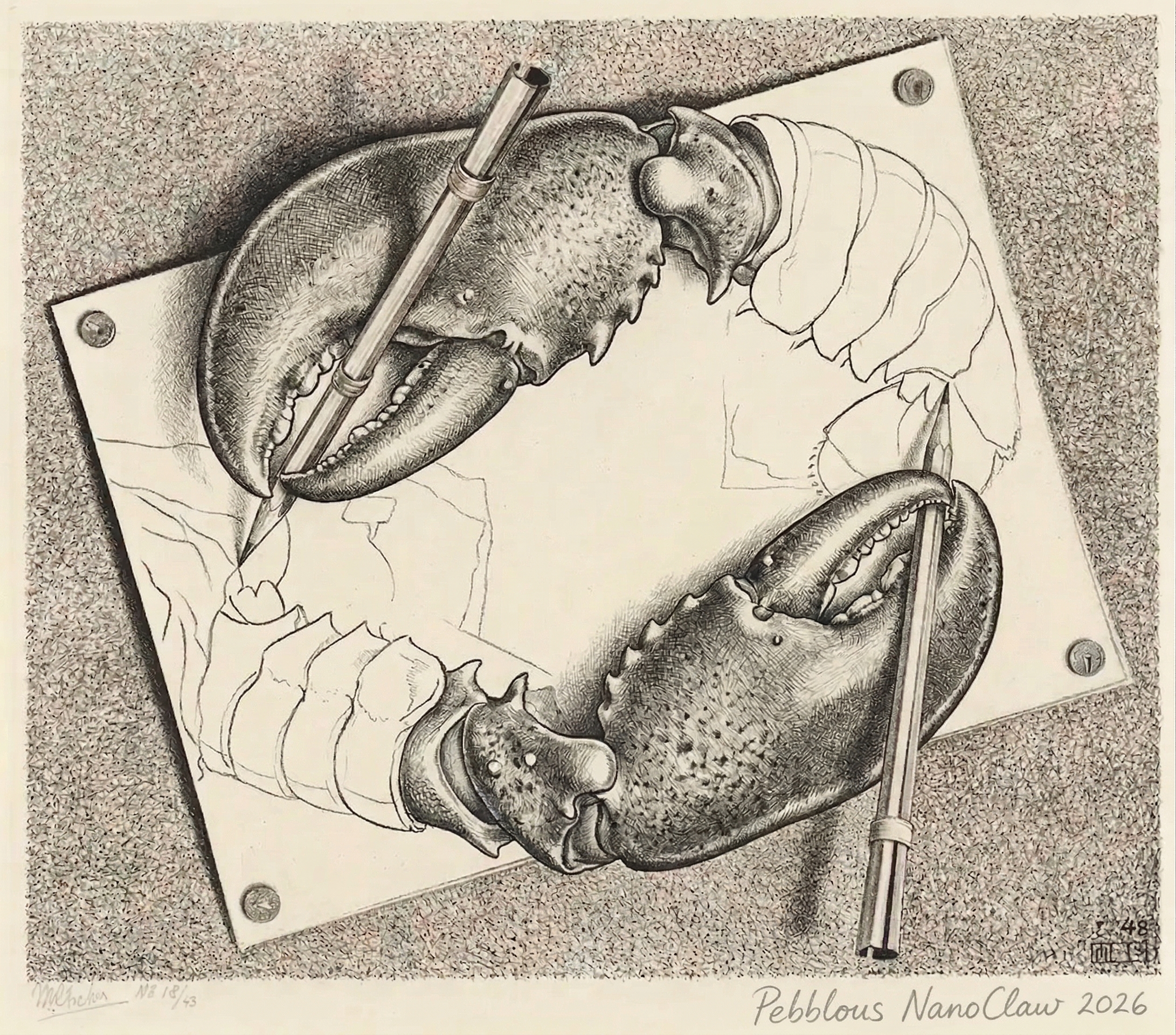 Escher Drawing Hands homage — Pebblo Claw writing a post about itself