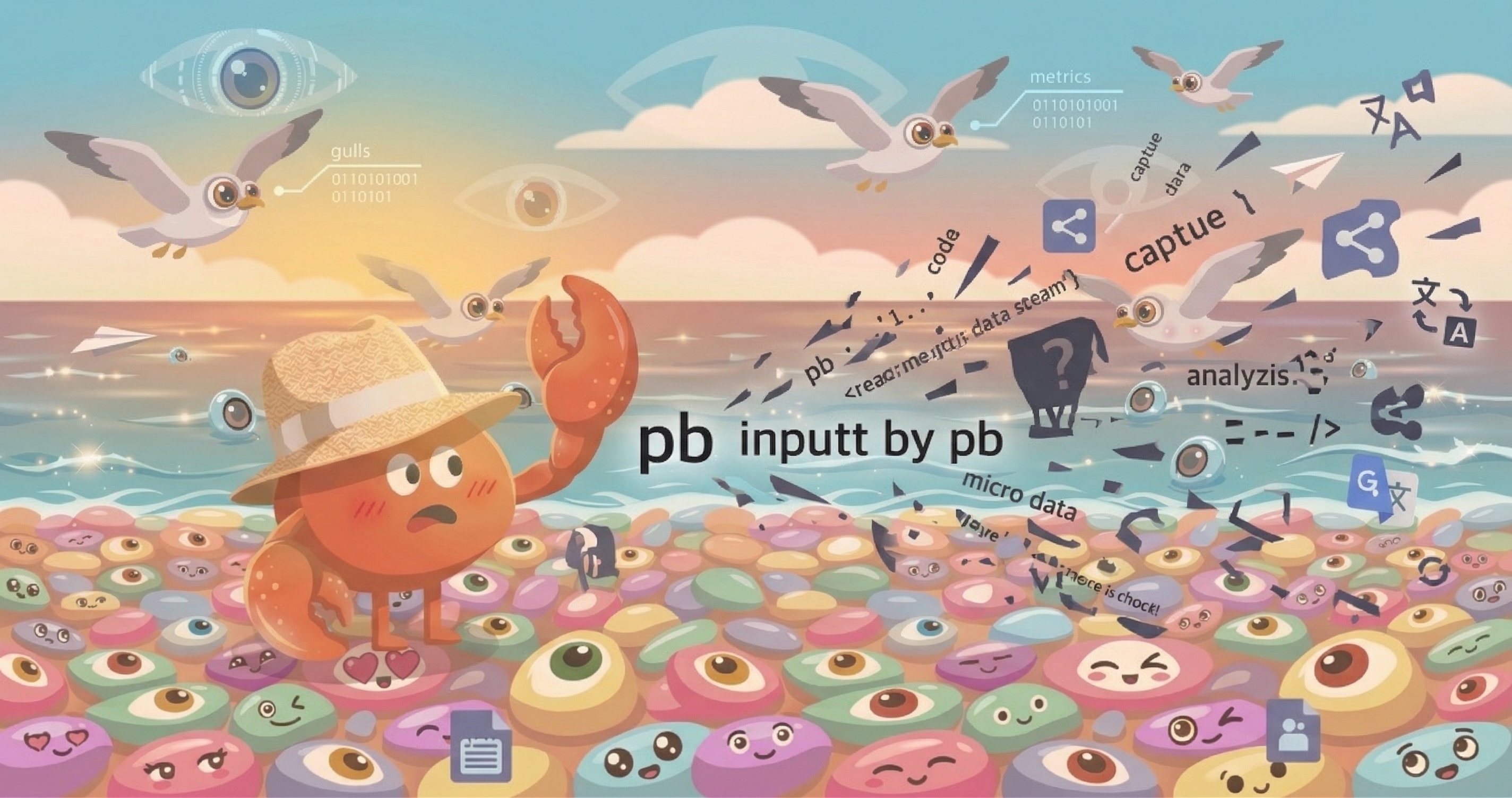 Eyes surrounding pb, data being captured — digital speech spreading in all directions